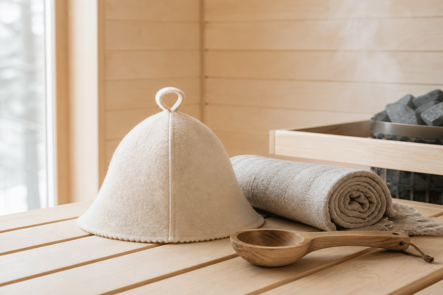 An oat-cream wool sauna hat and rolled linen towel on a birch sauna bench in soft daylight