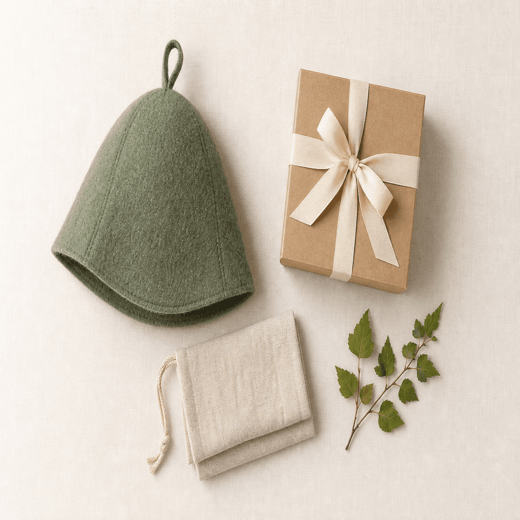 Kova gift set flat lay: sage sauna hat, kraft box with ribbon, linen pouch and birch sprig