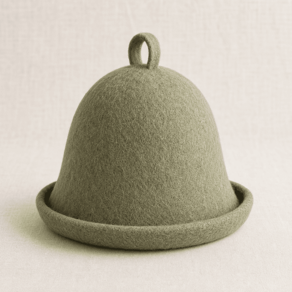 Havu sage green wool felt sauna hat on a warm off-white background