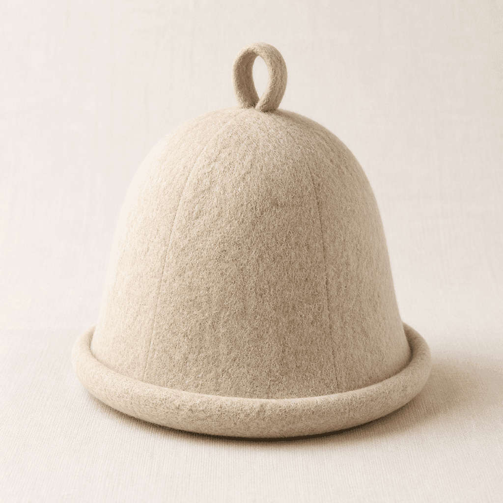 A hand-finished oat-cream Löyly Classic wool felt sauna hat on a warm off-white background, showing its dense 8 mm felt and stitched brim