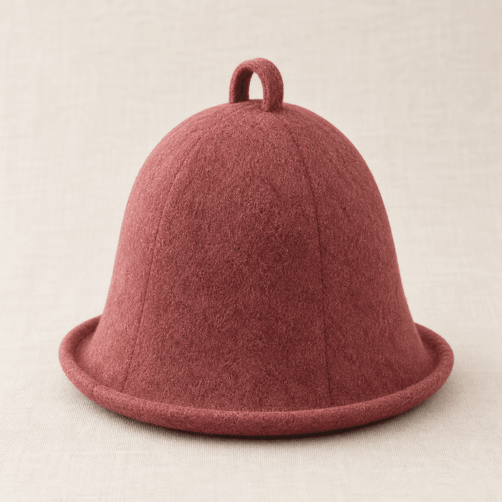 Marja berry rose wool felt sauna hat on a warm off-white background